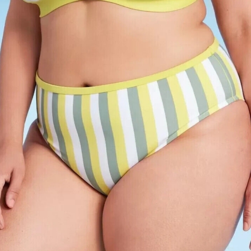 Kona Sol Yellow, White and Green Striped Medium Coverage Hipster Size M #
